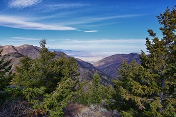 Fototapeta na wymiar Butterfield Peak views of Oquirrh range toward Provo, Tooele, Utah Lake and Salt Lake County by Rio Tinto Bingham Copper Mine, in fall. Utah. United States.