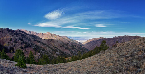 Butterfield Peak views of Oquirrh range toward Provo, Tooele, Utah Lake and Salt Lake County by Rio Tinto Bingham Copper Mine, in fall. Utah. United States.