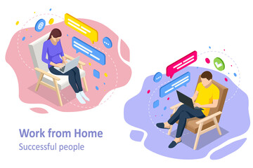 Isometric video conference. Working at home, coworking space. Online meeting work form home. Home office.