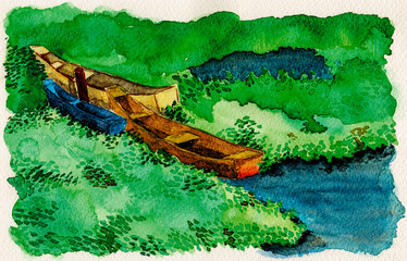 Colorful small wooden boats moored amid aquatic vegetation. Near the tropical beach of Itaunas in the Brazilian northeast. Watercolor painting.