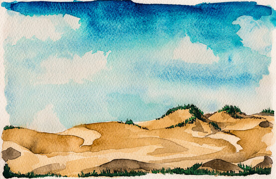 Landscape of beautiful sand dunes with undergrowth and sunny day. At the tropical beach of Itaunas in the Brazilian northeast. Watercolor painting.