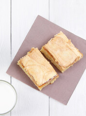 A glass of milk and cake on a white wooden background. Breakfast in a morning. Flat lay. Healthy food.Vertical view
