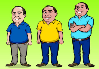 Set of character of friendly middle-aged man, bald and paunchy posing in cartoon style. Vector illustration.