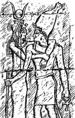 Wall depicting the pharaoh and his queen carved in low relief by ancient Egyptians. At the Edfu temple, southern Egypt. Ink drawing.