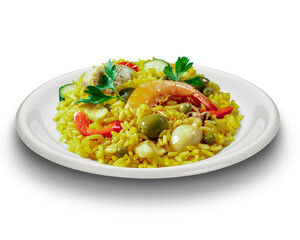 Plate of Paelle, typical Spanish recipe with rice, fish and saffron, isolated on white
