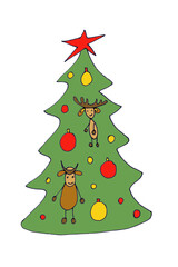 Christmas fir tree with decorations, bull and elk, graphic color sketch, isolate on white paper background