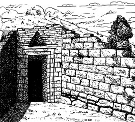 Entrance of the Treasury of Atreus ruins, also Known as Tomb of Agamemnon, at the Archaeological Site of Mycenae, in western Greece. Ink drawing.