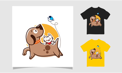 Dog play with cat and bird t-shirt, Dog friendly poster