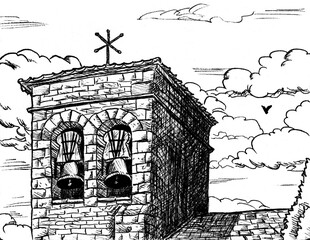 Facade and bellow tower in gothic style from an old church in Cizun Menor. A cute village on the Way of St. James, in northern Spain. Ink drawing.