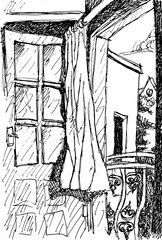 View of open balcony door and flowing curtain in a house in Bodrum, a touristy beach town in western Turkey. Ink drawing.
