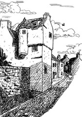 Naklejka premium A small two-story house in medieval burg-style in an alley at Culross. A tiny and well-preserved seaside fishing village in Scotland. Ink drawing.