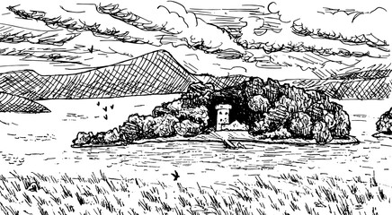 Tower and stone walls of tiny Lochleven Castle in an island at the Loch Leven. Near Edinburgh, in the countryside of Scotland. Ink drawing.