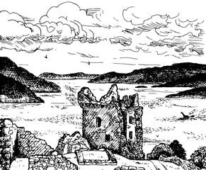 Tower and stone walls of the Urquhart Castle on the shore of the famous Loch Ness. In the countryside of northern Scotland. Ink drawing.