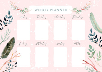 weekly planner with green feather and leaves frame - obrazy, fototapety, plakaty