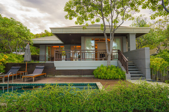 exterior of beach front bungalow for rent of seaside resort and hotel