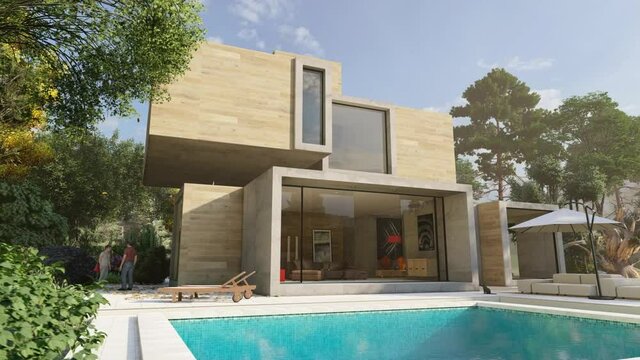 3D animation around  of a big contemporary house with a pool and a garden
