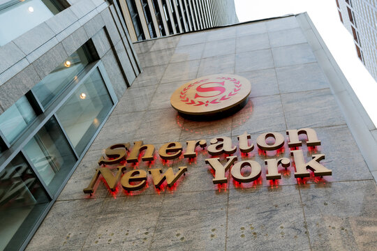 Sheraton Hotel logo on exterior of their hotel in midtown Manhattan.