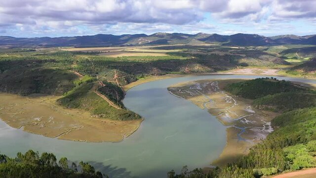 Aerial view natural landscape with Guadiana river, close to Herdade do Vau, Portugal.