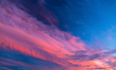 Fototapeta na wymiar Coral and pink clouds against a blue sky