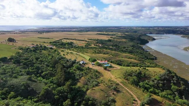 Aerial view natural landscape with Guadiana river, close to Herdade do Vau, Portugal.