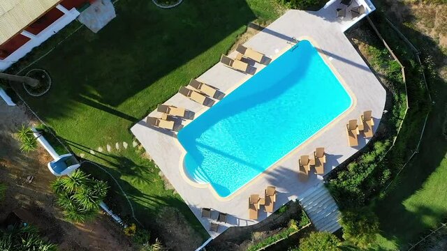 Aerial view of house and swimming pool on vineyard estate, Albernoa, Portugal.