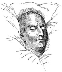 A death mask of Friedrich Schiller - a German poet, philosopher, physician, historian, and playwright. Illustration of the 19th century. White background.