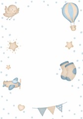 Template for congratulating newborns. background for a boy in blue . Baby elements - airplane, balloon, stars, socks, bird