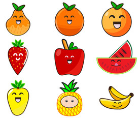 mascots of various fruits with illustrations of orange, watermelon, pineapple, strawberry, apple, banana, mango characters