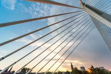 Architectural details of Millennium Bridge at sunset,Podgorica,Montenegro.