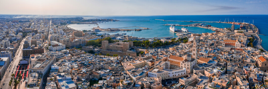 Aerial view of Bari old town. View of the Bari Cathedral (Saint Sabino) and "San Nicola Basilica", Bari second Cathedral. These churches were built during middle ages.