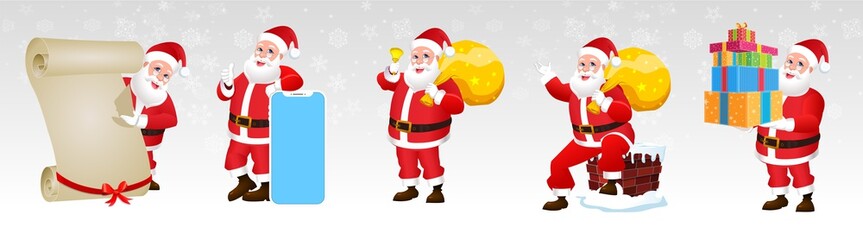 Set of cartoon Christmas Santa Claus, Funny happy Santa Claus character with gift, bag with presents, waving and greeting. For Christmas cards, banners, tags, mobile and labels. Christmas Santa Claus.