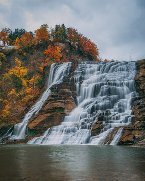 Ithaca Falls with autumn color, in Ithaca, New York