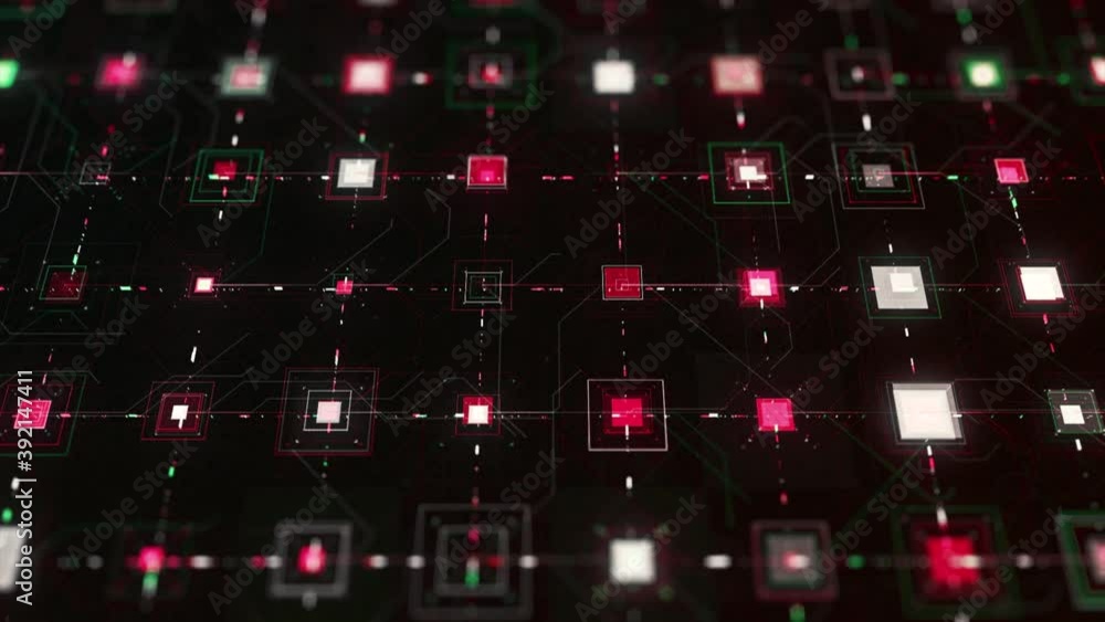 Poster abstract electrical signals in electronic circuit. animation. circuit board and cpu with connections