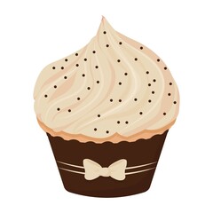 Cupcake with cream and cute baw, tasty delicious dessert isolated on white background. Sweet food, celebration. Clipart, design element.