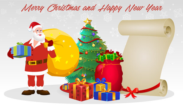 Cartoon Christmas Santa Claus, Funny happy Santa Claus character with gift, bag with presents, For Christmas cards, banners, tags, mobile and labels. Christmas Santa Claus with Christmas Gifts