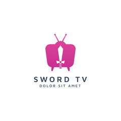 television and sword negative space logo design