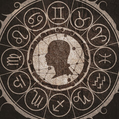 Mystical geometry symbol. Linear alchemy, occult, philosophical sign. Astrology and religion concept. Outline silhouette of human head. Zodiac circle