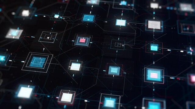High tech computer circuit board with many signals flowing fast on black background. Animation. Animation. Abstract microcircuit with colorful square shaped pulsating details.