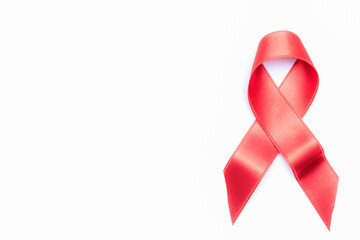 Breast cancer woman. Red ribbon symbol in hiv world day isolated on white background. Awareness aids and cancer. Healthcare and medical concept.