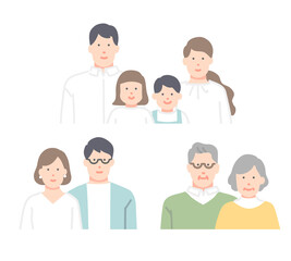 夫婦・家族の上半身イラスト　シンプルタッチ