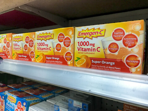 Emergen C packs on sale at a pharmacy.