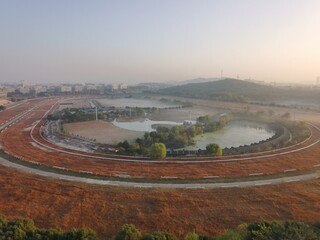 The racetrack in the early morning mist.
