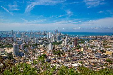 Colombia, scenic view of Cartagena cityscape, modern skyline, hotels and ocean bays Bocagrande and Bocachica from the lookout hill of Santa Cruz convent (Convento de la Popa)