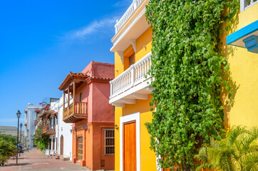 Colombia, Scenic colorful streets of Cartagena in historic Getsemani district near Walled City (Ciudad Amurallada)