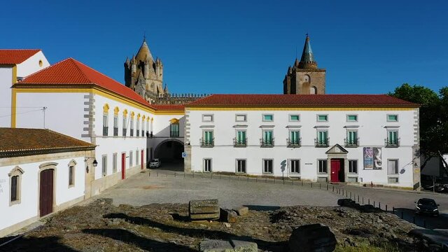 Aerial view of fortified village on hill in Portugal.