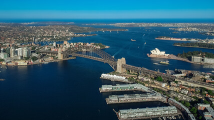 Panoramic Aerial views of Sydney Harbour with the bridge, CBD, North Sydney, Barangaroo, Lavender...