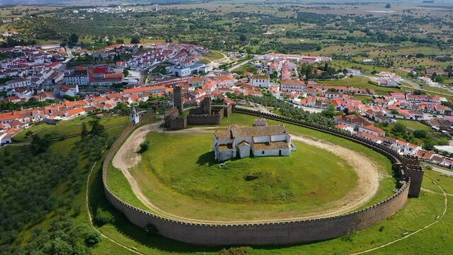 Aerial view of the circular castle in the town of Arraiolos , Portugal.