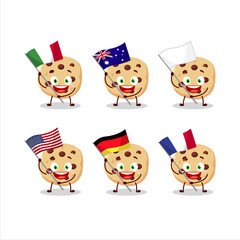 Chocolate chips cartoon character bring the flags of various countries
