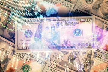 Multi exposure of forex chart drawing over us dollars bill background. Concept of financial success markets.