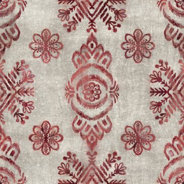 Seamless Grungy Tribal Ethnic Rug Motif Pattern. High Quality Illustration. Distressed Old Looking Native Style Design In Faded Sun Burnt Red And Cream Colors. Old Artisan Textile Seamless Pattern.